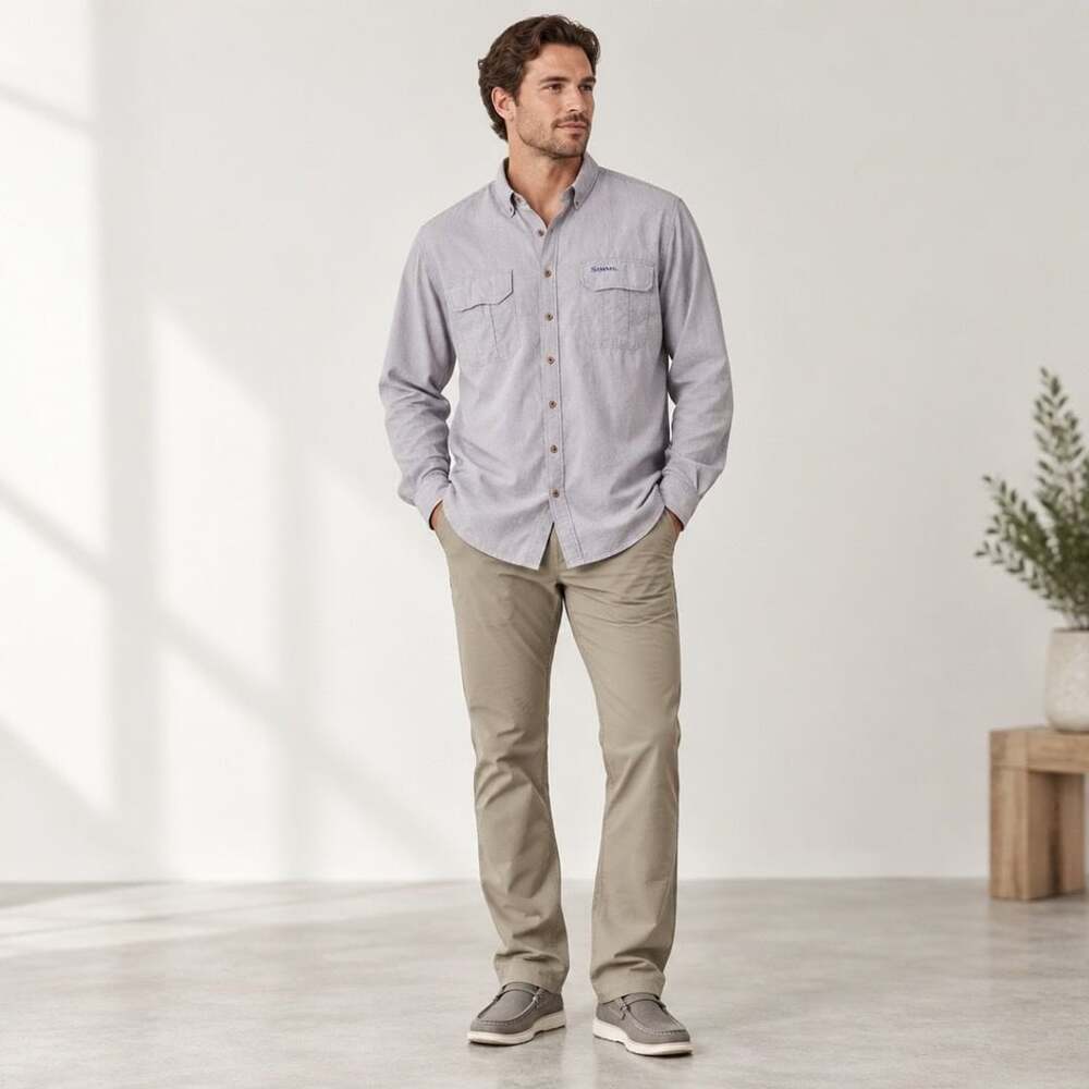 Simms Long Sleeve Shirt Size XL Grey Check Cotton Button-Down Fishing